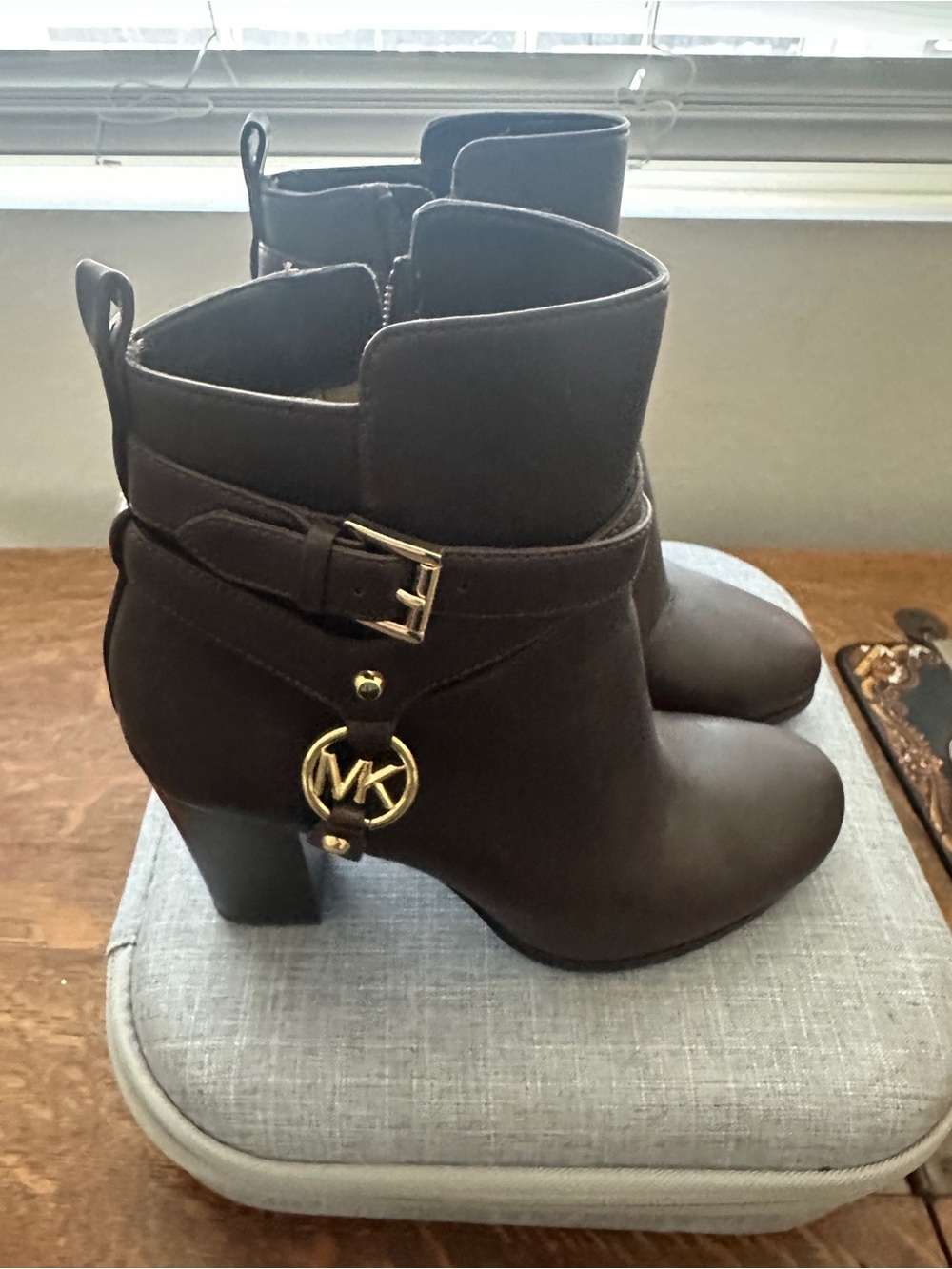 Michael Kors Dark Brown Leather Ankle Booties with Gold MK Charm